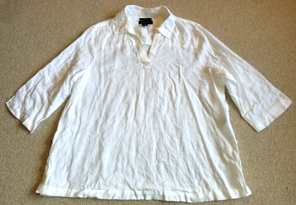 Womens Top-TAHARI-white 100% linen tunic Resort Coastal Beachy minimalist-1X